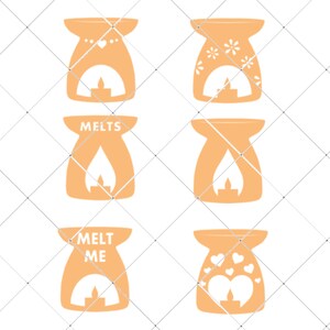 May include: Six different designs of orange ceramic wax warmers. The designs include a heart, flowers, a flame, and the words "MELTS" and "MELT ME".
