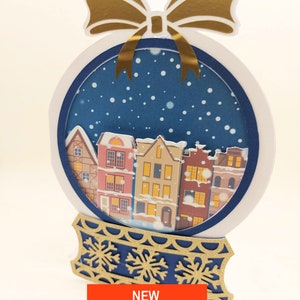 Snowglobe 3d dorpsscène Kerstkaart met groeten invoegen - Digitaal snijbestand downloaden