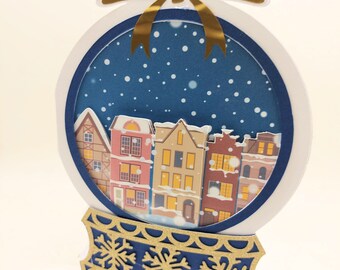 Snowglobe 3d village scene Christmas card with greetings insert  - Digital cutting file download