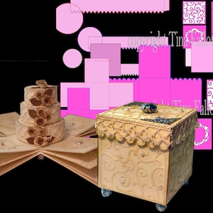 Op de afbeelding: Een beige papieren explosiebox met een drielaags taartontwerp en een kleine vierkante doos met een kanten rand en parel accenten. De doos is versierd met een swirl-patroon en de tekst "copyright Tina Fallon 2014".