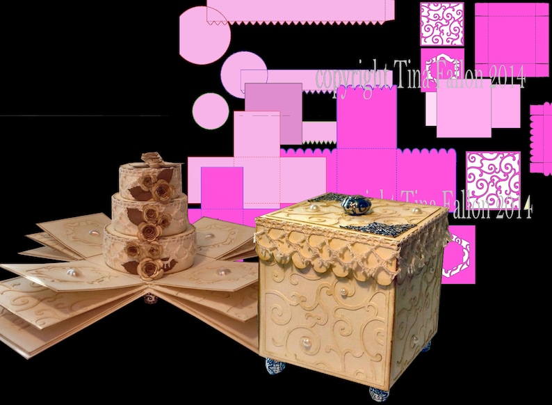 Op de afbeelding: Een beige papieren explosiebox met een drielaags taartontwerp en een kleine vierkante doos met een kanten rand en parel accenten. De doos is versierd met een swirl-patroon en de tekst "copyright Tina Fallon 2014".