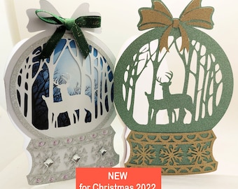 Snowglobe Deer in Forest Christmas card with greetings insert  - Digital cutting file download