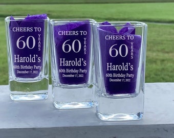 60th Birthday Party, Shot Glass Favors, 50th Birthday Keepsakes, Gifts for Guests, Birthday Party Mementoes, 75th Birthday Celebration