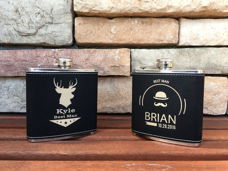 3 Black Leather Flasks Custom Engraved Groomsmen Gift Etsy