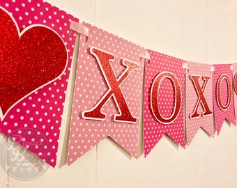 Valentin's Day Polka Dots Glitter Red XOXO Card Stock Banner with Hearts Laced with Pink Satin Ribbon