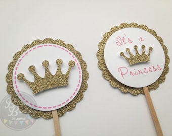 12 Glitter Gold Circular Cupcake Toppers with Crown, It's a Princess Birthday Party Cupcake Decoration Toppers