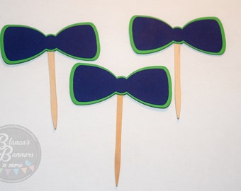 12 Bow Tie Cupcake Toppers, Boy or Girl Cupcake Decorations,Two Color Dual Layer Made To Order Toppers