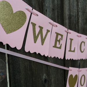 Welkom Home Card Stock Banner, Glitter Goud op Roze Achtergrond, Dual Layer Baby Shower of Gastvrije Home Banner met Roze Satijn Lint