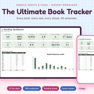 May include: A digital reading dashboard titled The Ultimate Book Tracker for Google Sheets and Excel. The interface displays reading statistics, a monthly book chart, and a bar graph of books finished per month on a laptop and mobile screen.