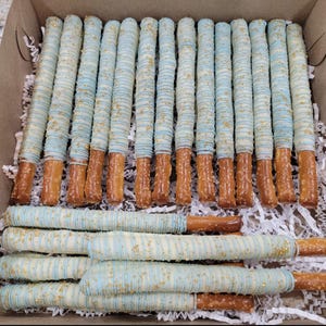 White, Baby Blue, and Gold Dipped Pretzel Rods