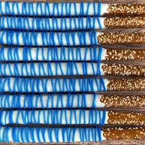 White Dipped Pretzel Rods with Blue Drizzle