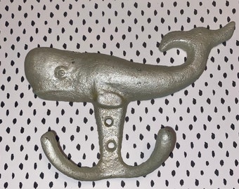 Metallic Robins Egg Blue Whale Cast Iron Double Towel Hook Hardware Not Included Hand Painted with Matte Seal