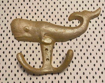 Metallic Yellow Whale Cast Iron Double Towel Hook Hardware Not Included Hand Painted with Matte Seal
