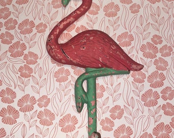 Flamingo Cast Iron Green and Pink Hook Hardware Not Included Distressed Hand Painted with Matte Seal