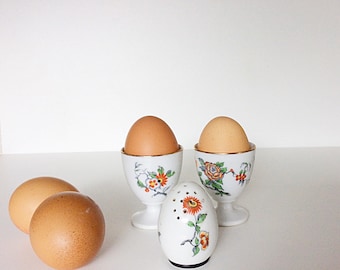 Limoges egg cups and salt shaker, limoges france, egg holder, French porcelain, egg shaped shaker,