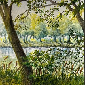 Watercolor paintings Landscape painting Calming Home Wall Art trees Landscape scene Rustic Nature Decor Serene Watercolor wall art painting