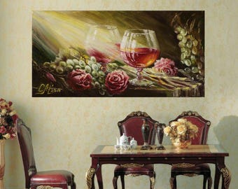 Still life art print of painting Rose Flower print on canvas Red roses painting print art gift for mom art print canvas wall art Wine glass