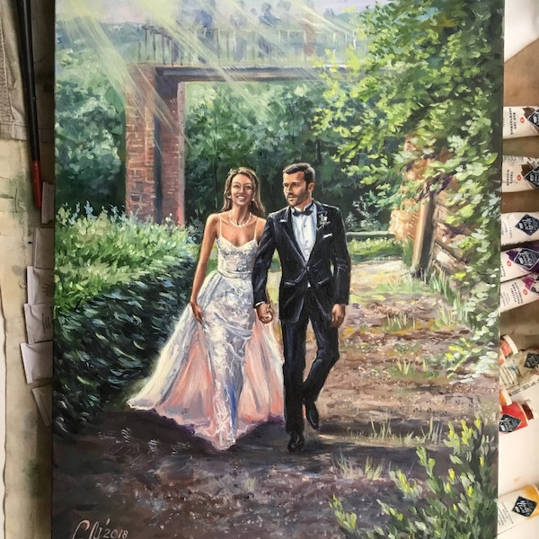 Commission artistique peinture sur toile Peinture à l'huile personnalisée à partir d'une photo Commission de portraits de couples personnalisés, cadeau de peinture de mariage personnalisée