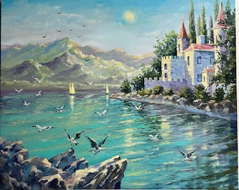 Mediterranian sea art landscape painting on canvas original oil painting seagulls European Town Mountains art Seaside Village Italy wall art