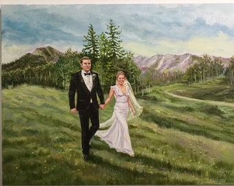 Peinture sur commande, cadeau de peinture de mariage pour l'anniversaire de sa femme, toile de peinture à l'huile personnalisée, portrait de mariage de famille à partir d'une photo d'art de lieu de mariage