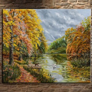 Lienzo con impresión de paisaje, impresiones de arte de pared grandes, arte de pared, pintura al óleo, arte de paisaje, impresión de otoño, impresión de gato y pato, arte de pared con paisaje de estanque