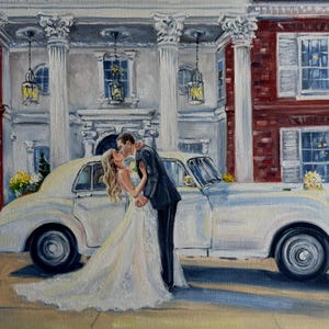 A completed wedding portrait oil painting on canvas showing a close-up of a bride and groom. Rich textures and traditional brush strokes capture the couple smiling together in a romantic fine art style.