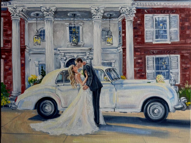 A completed wedding portrait oil painting on canvas showing a close-up of a bride and groom. Rich textures and traditional brush strokes capture the couple smiling together in a romantic fine art style.
