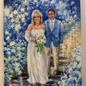 An impressionist commissioned wedding oil painting showcasing a husband and wife embracing. Vivid colors and thick, visible palette knife strokes create a textured, artistic look on the professional canvas.