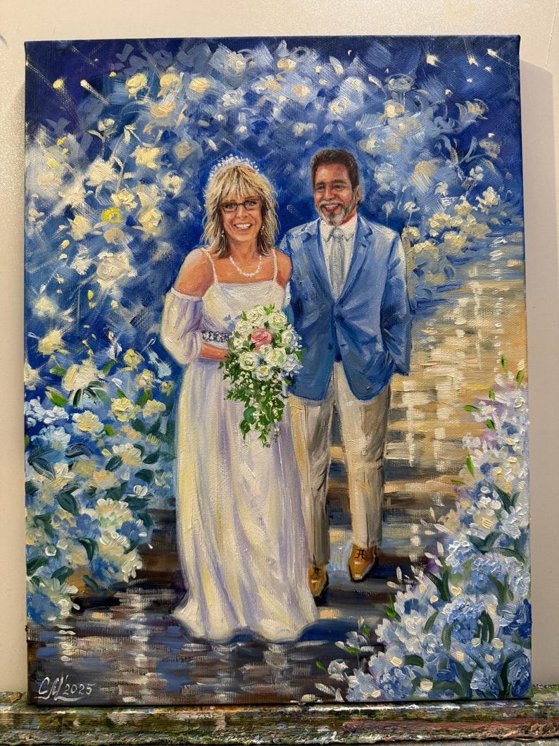 An impressionist commissioned wedding oil painting showcasing a husband and wife embracing. Vivid colors and thick, visible palette knife strokes create a textured, artistic look on the professional canvas.