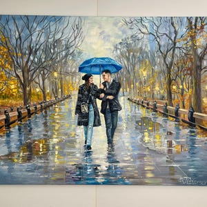 A highly textured impasto oil painting on canvas displaying a customized couple portrait. Vivid color patches and heavy brush strokes depict a husband and wife walking under a umbrella through a colorful park.