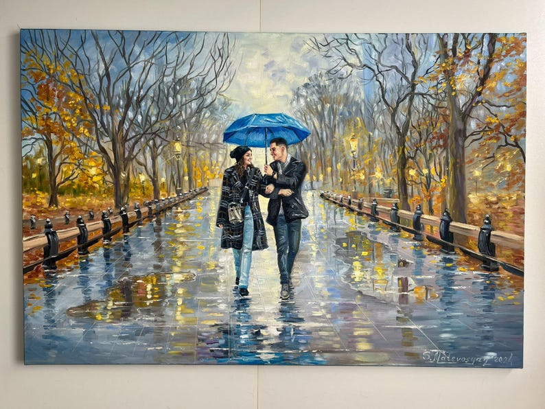 A highly textured impasto oil painting on canvas displaying a customized couple portrait. Vivid color patches and heavy brush strokes depict a husband and wife walking under a umbrella through a colorful park.