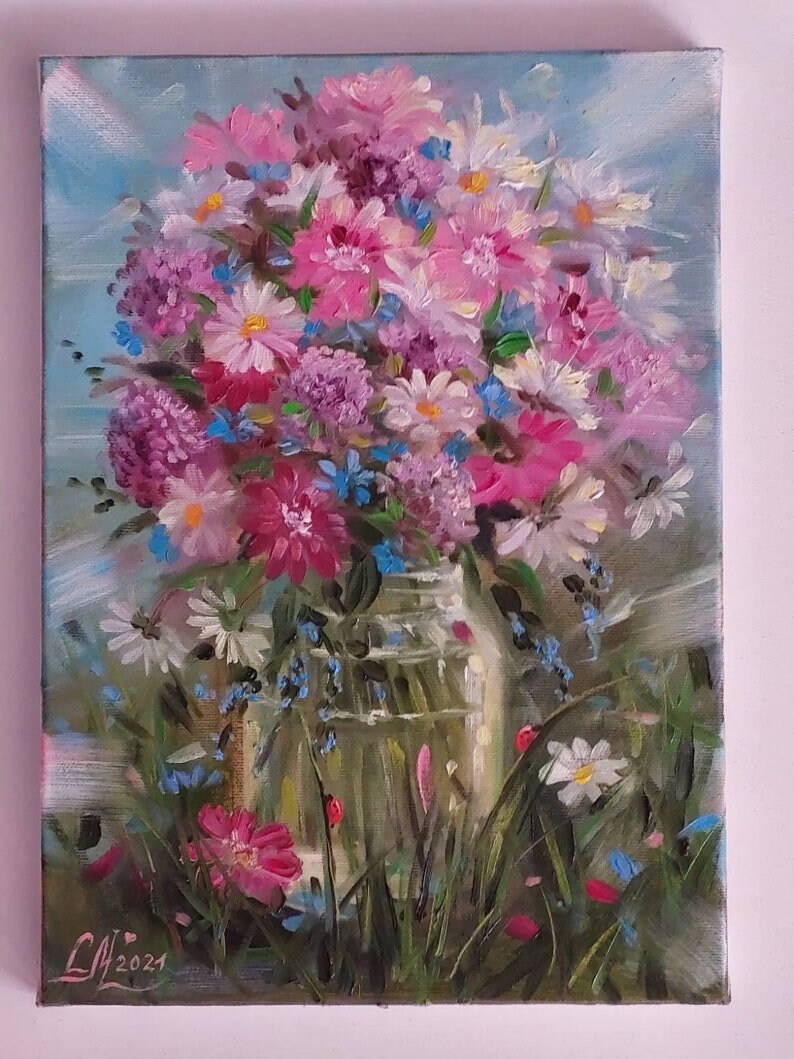 Floral Oil Painting Original Art Pink Flowers Wall Art Botanical