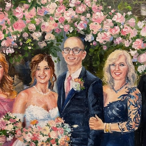 An impressionist custom family portrait in oil paint featuring a large wedding group. Thick palette knife strokes and rich paint textures create a vibrant, artistic background around the beautifully detailed figures.