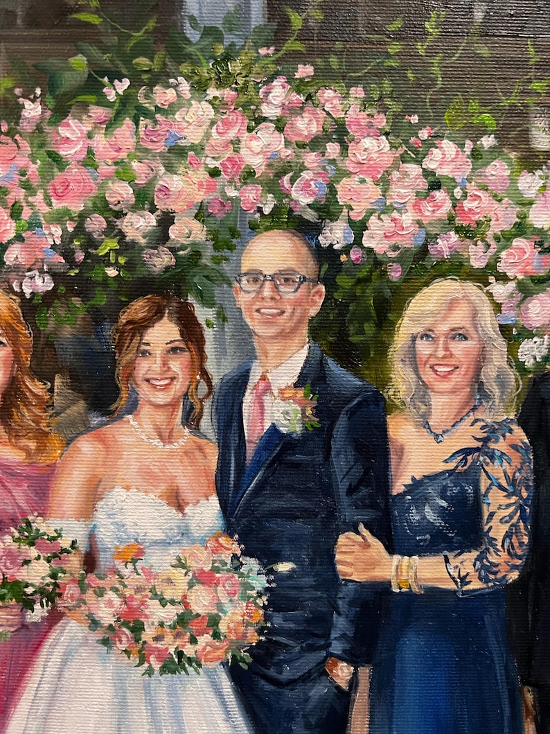 An impressionist custom family portrait in oil paint featuring a large wedding group. Thick palette knife strokes and rich paint textures create a vibrant, artistic background around the beautifully detailed figures.
