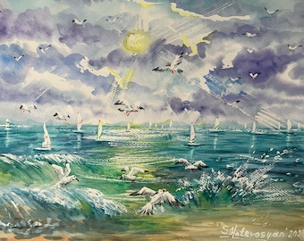 Watercolor painting Seagull Ocean watercolor landscape art Coastal Seagulls painting wave Beach lover gift for dad's day watercolor wall art