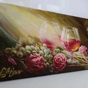Rose Flower print on canvas Still life art print of painting Red roses painting print art gift for mom art print canvas wall art Wine glass