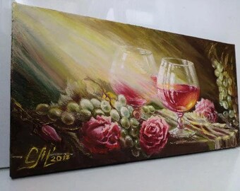 Rose Flower print on canvas Still life art print of painting Red roses painting print art gift for mom art print canvas wall art Wine glass