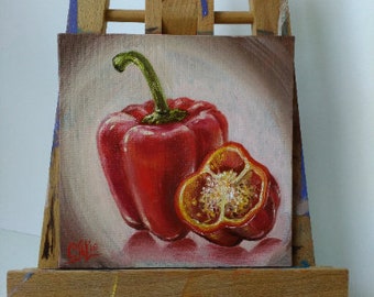 Poivron rouge, peinture à l'huile, décoration de cuisine, Mini toile, vibrante petite taille, oeuvre d'art originale de la ferme, petite peinture, cuisinier, cadeau, femme