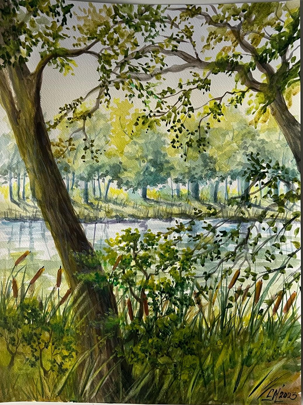 水彩画 風景画 心を落ち着かせるホームウォールアート 木々 風景シーン