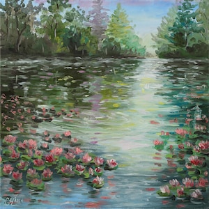 Lotus wall art print lotus floral prints wall decor Impressionist art Lily pond art print Pond with water lily print canvas landscape print