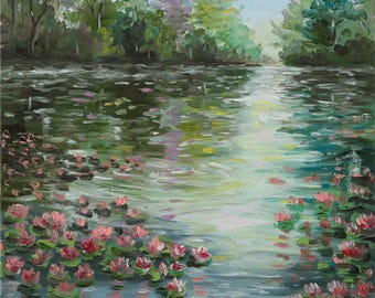 Lotus wall art print lotus floral prints wall decor Impressionist art Lily pond art print Pond with water lily print canvas landscape print