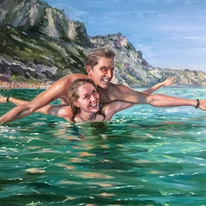 An impressionist wedding oil painting on canvas of a couple standing in the turquoise sea. Thick palette knife strokes capture the white sea foam and moving ocean waves splashing around the bride and groom.