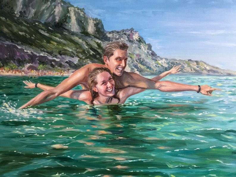 An impressionist wedding oil painting on canvas of a couple standing in the turquoise sea. Thick palette knife strokes capture the white sea foam and moving ocean waves splashing around the bride and groom.