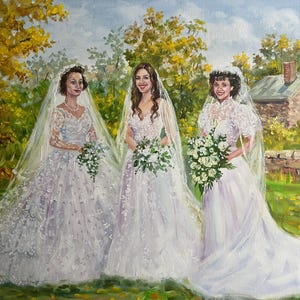 A masterfully combined couple oil painting on canvas made from separate reference photos. The personalized artwork seamlessly merges individual portraits into a unified, elegant wedding composition.