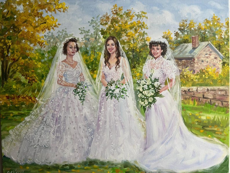 A masterfully combined couple oil painting on canvas made from separate reference photos. The personalized artwork seamlessly merges individual portraits into a unified, elegant wedding composition.