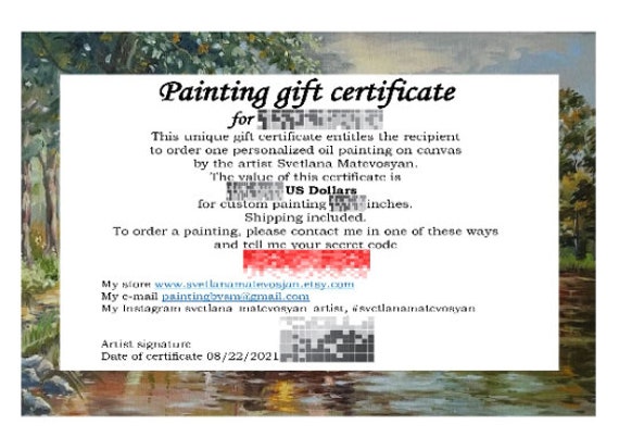 Painting Gift Certificate for Custom Painting Portrait Gift | Etsy