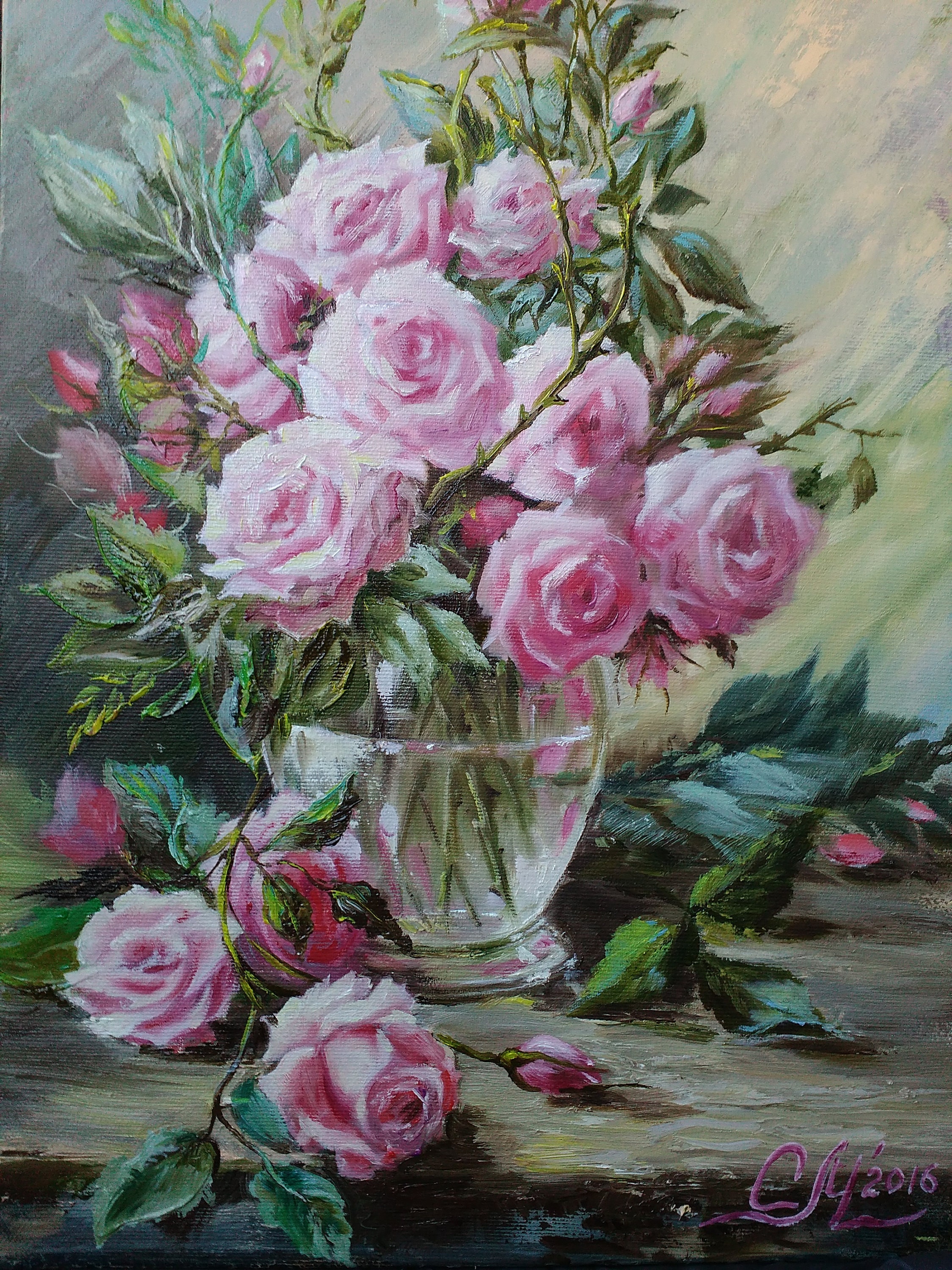 ピンクのバラの花の油絵オリジナルバラの絵静物油絵キャンバスピンクの