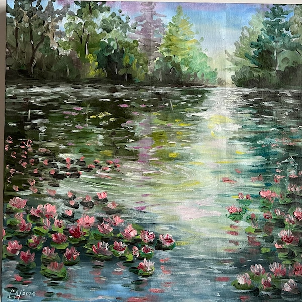 Impressionistische Malerei Blumen Landschaft Kunst original Landschaftsmalerei Lotus Ölgemälde auf Leinwand Seerose Malerei Teich Seerosen