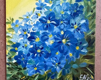 油絵　よっこ　ふたつのうつわと青い花 花の壁アート油絵植物アート絵画オリジナルワスレナグサの花小さな絵画