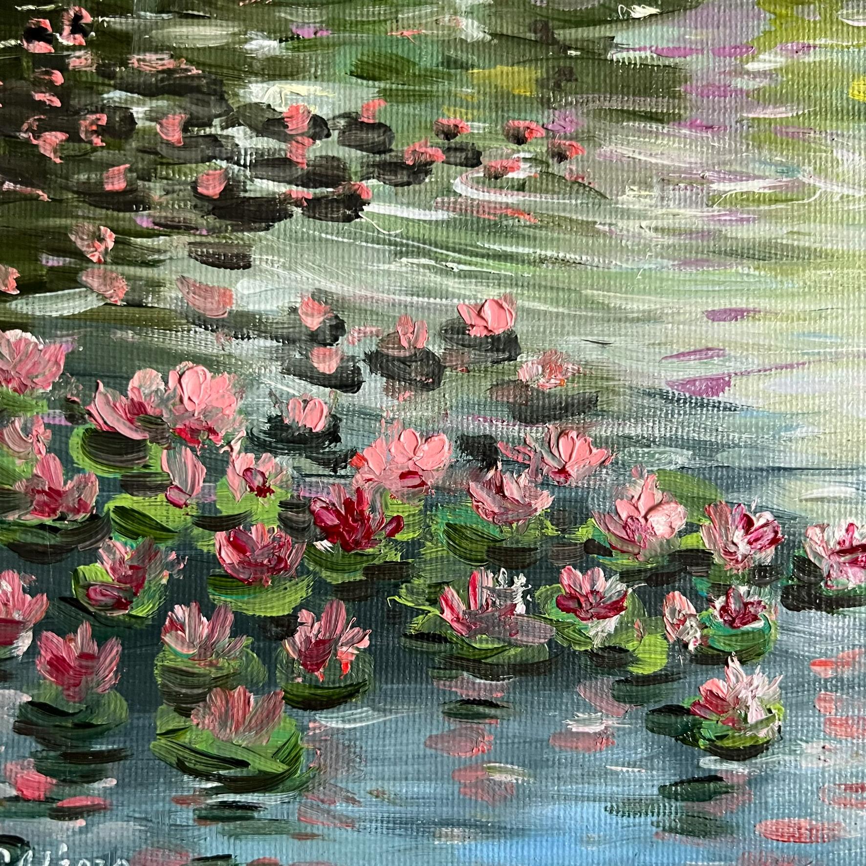 蓮の油絵 キャンバスアート 印象派の絵画 花の風景画 オリジナル絵画